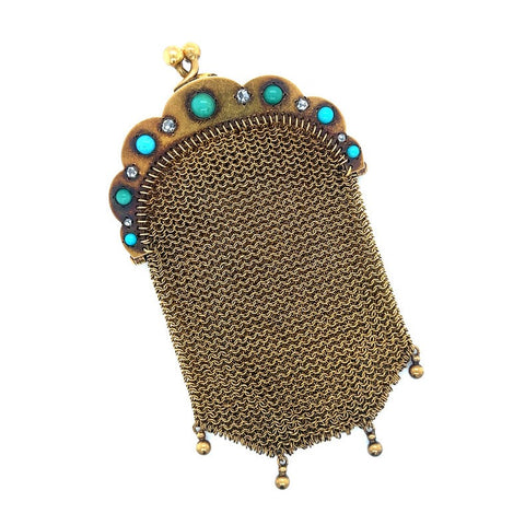 French Diamond and Turquoises Gold Mesh Bag Pin/ Pendant