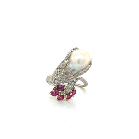 Pearl and Ruby Diamond Bypass Cocktail Ring