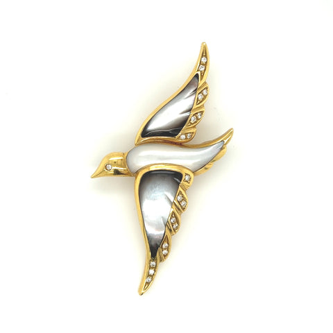 Gold Mother of Pearl and Diamond Bird Brooch