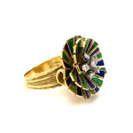 Blue and Green Enamel Flower with Diamonds Ring
