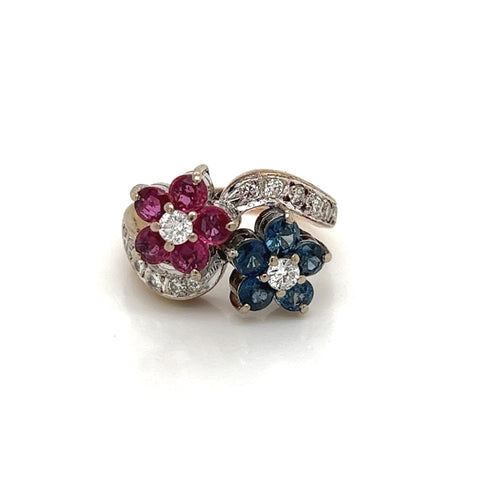 Double Flower Ring set with Diamonds, Rubies, And Sapphires