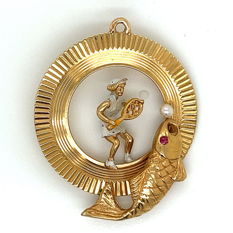 Vintage Tennis Woman and Fish Charm