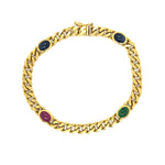Italian Curb Link Bracelet set with Cabochon Sapphire, Ruby, and Emerald Stones