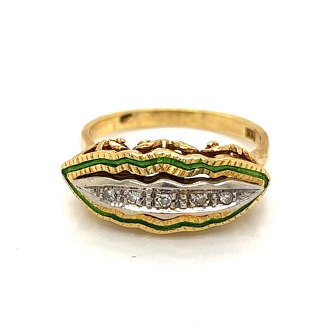Diamond and Green Enamel Ring