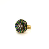 Blue and Green Enamel Flower with Diamonds Ring