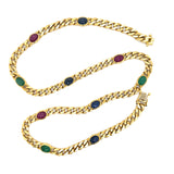 Italian Curb Link Necklace set with Cabochon Sapphire, Ruby, and Emerald Stones
